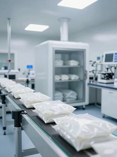 Ultra-clean high-tech pharmaceutical cold-storage facility, sterile laboratory environment, pristine medical packages on automated conveyor, high-key daylight, bright clinical lighting
