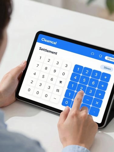 Over-the-shoulder shot of a person using a clean legal settlement calculator on a modern tablet, bright natural daylight, vibrant blue interface accents, 35mm