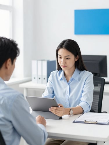 Bright editorial photography of a modern workspace where a client and a lawyer look at a tablet together, natural daylight, clean white and vibrant blue accents, 35mm