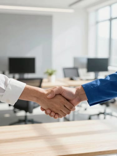 Two people in a bright modern workspace shaking hands warmly over a wooden table, sunlit room, clean slate gray accents, professional and empathetic atmosphere, shallow depth of field, 35mm