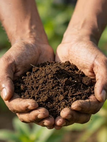 Close-up of healthy dark soil in Andhra Pradesh held in hands, morning sunlight highlighting the rich organic texture, sharp focus