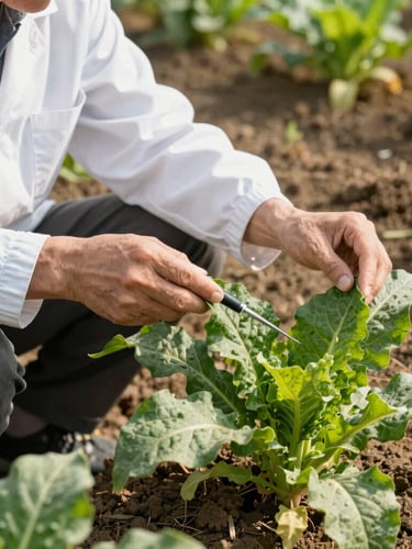 A crisp medium shot of a professional agronomist examining healthy green crop leaves in bright morning sunlight, scientific agricultural tools visible, rich soil background