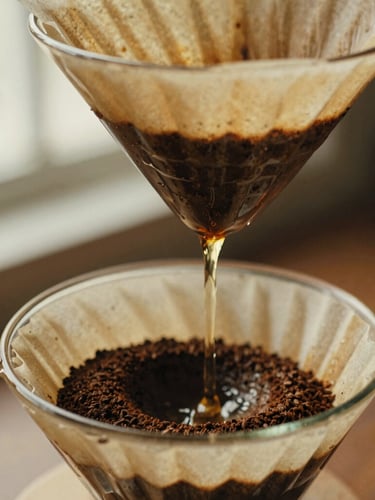 Close-up of slow-motion water pouring over coffee grounds during the bloom in a glass dripper, warm side-lighting, rich amber tones
