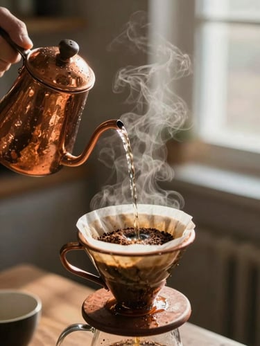 Hands slowly pouring hot water from a copper kettle over coffee grounds in a ceramic dripper, steam rising, warm morning light, shallow depth of field
