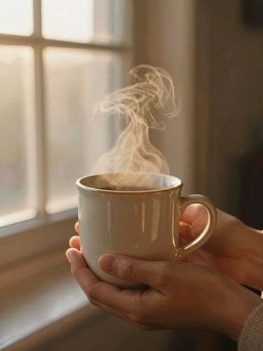 A warm ceramic mug cradled by hands, steam gently rising in golden hour morning window light, shallow depth of field, 35mm film.