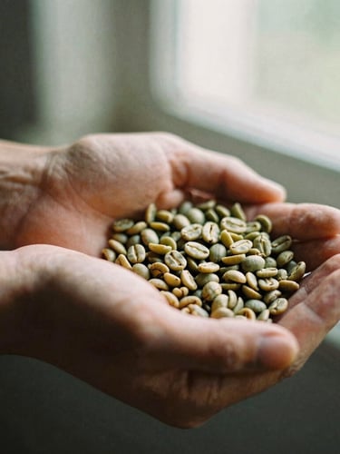 Close-up of raw, green coffee beans held in weathered hands, soft morning window light, warm shallow depth of field, 35mm film