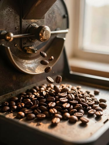 Close-up of raw and roasted coffee beans tumbling from a vintage roaster, warm golden hour light, deep espresso shadows