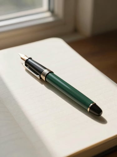 A close-up of a classic fountain pen resting on a clean financial ledger, soft morning window light casting gentle shadows, warm editorial style.