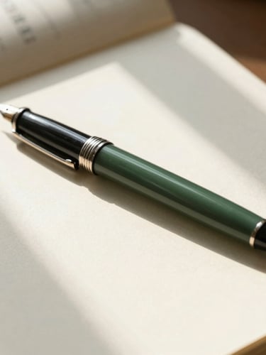 A close-up of a classic fountain pen resting on a clean financial ledger, warm natural window light casting soft shadows across the textured cream paper.