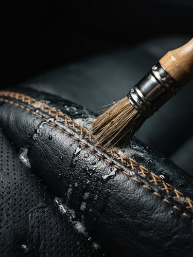 Macro shot of detailing brush cleaning intricate leather stitching on a luxury car seat, dramatic high-contrast studio lighting, deep metallic tones, sharp focus, 50mm lens