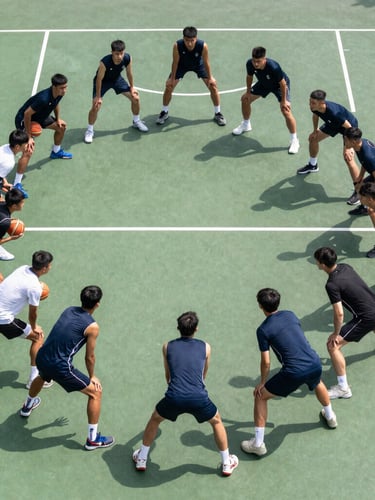 Overhead high-contrast shot of players arranged in structured drill formations on a crisp court green surface, bright outdoor sunlight.