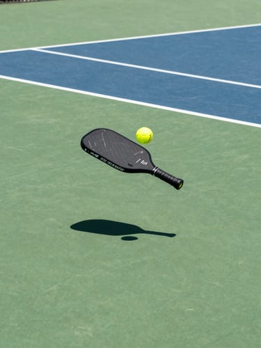 Dynamic low-angle action shot of a pickleball paddle striking an optic yellow ball mid-air, bright Florida sunlight casting sharp shadows on a clean green court.