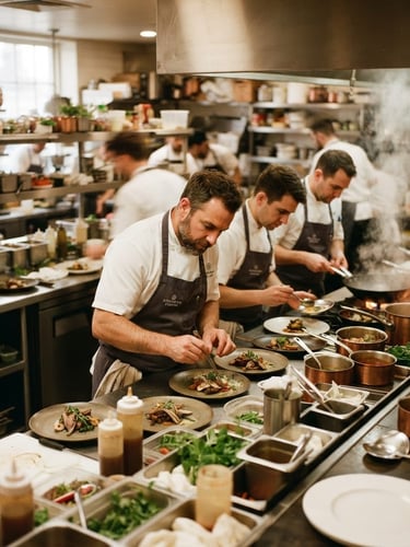 Wide shot of a bustling restaurant kitchen during Friday night rush, chefs plating dishes, steam rising, natural warm light, shallow depth of field, 35mm film.