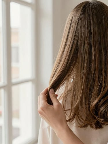 Editorial close-up of a stylist's hands adjusting a soft wave of healthy, shining hair, soft natural window light, warm champagne tones, shallow depth of field