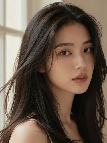 Editorial close-up portrait of a woman with healthy, flowing dark hair showing natural texture and high shine, soft side lighting from a window, warm champagne undertones, shallow depth of field