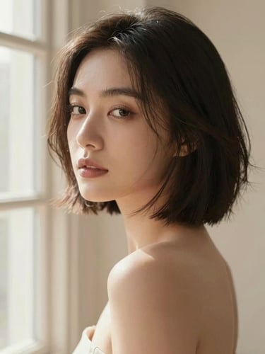 Editorial portrait of a woman with a sharp bob cut showing natural movement, soft window light, warm champagne tones, shallow depth of field, high-fashion styling.
