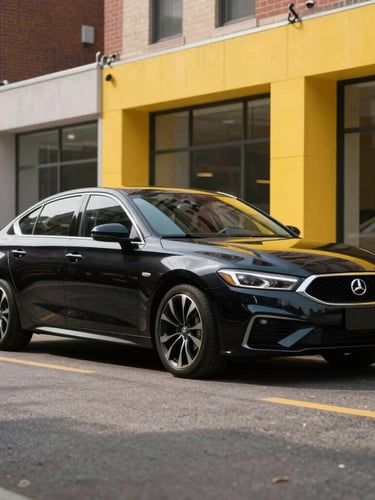Professional automotive photography of a clean modern black sedan parked on a Baltimore street, crisp urban daylight, high-contrast yellow accents.