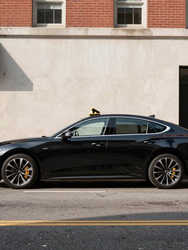 Side view of a clean modern black sedan parked on a Baltimore street during bright daylight, yellow taxi accents, sharp focus, professional automotive photography