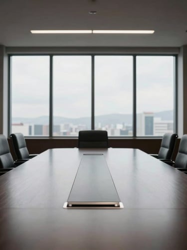An empty luxury executive boardroom in Bogotá, diffused natural window light, muted corporate tones, high contrast, 35mm architectural lens