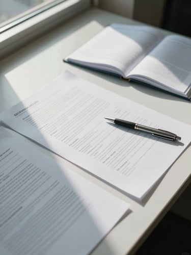 Wide overhead shot of a corporate desk surface, documents and printed reports spread open under cool natural window light, a pen resting on an annotated page, no people visible