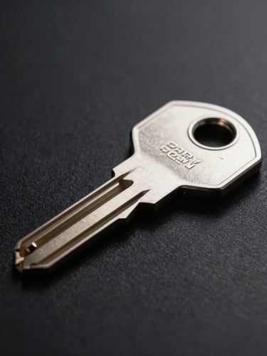 Macro studio shot of a raw titanium cryptographic key resting on a polished black surface, sharp directional lighting, deep shadows, high-contrast minimalist luxury aesthetic.