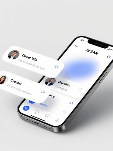 Macro close-up of a sleek smartphone mockup in brushed titanium, floating UI panels with crisp glassmorphism, soft gradient reflections, pure white background.