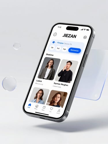Custom-rendered device mockup in brushed titanium and dark glass, floating UI panels with crisp glassmorphism, soft studio lighting, realistic shadows, architectural background.