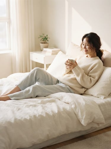 A serene Scandinavian bedroom flooded with soft natural morning light, a beautiful Korean model relaxing on an unmade bed of pure ivory linen, shallow depth of field, 35mm