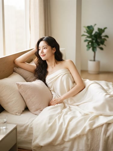 A beautiful Korean model relaxing in an elegant premium bedroom, draped in soft ivory silk, bathed in warm natural morning sunlight, minimalist Scandinavian interior, shallow depth of field, 35mm