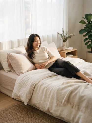 A beautiful Korean model relaxing on a soft linen bed in an elegant premium bedroom, warm natural morning sunlight filtering through sheer curtains, minimalist Scandinavian interior, shallow depth of field, 35mm