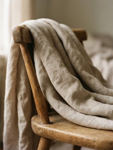 Close-up of premium washed linen fabric draped over a wooden chair in warm morning light, soft shadows, minimalist editorial fashion photography style