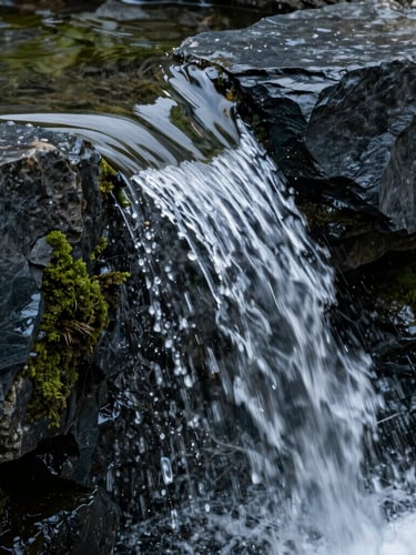 Extreme close-up of water cascading smoothly over dark slate stone, natural overcast daylight, high-contrast architectural photography, 35mm