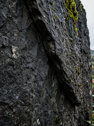An editorial close-up of a hand-carved dark slate rock texture, dramatic side-lighting highlighting the deep crevices, water droplets glistening on the surface