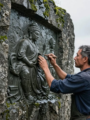 Side-view portrait of a master craftsman detailing a wet stone relief on a massive rock installation, hands holding a carving tool, focus on the sharp stone texture, natural overcast daylight, editorial architectural photography, 35mm