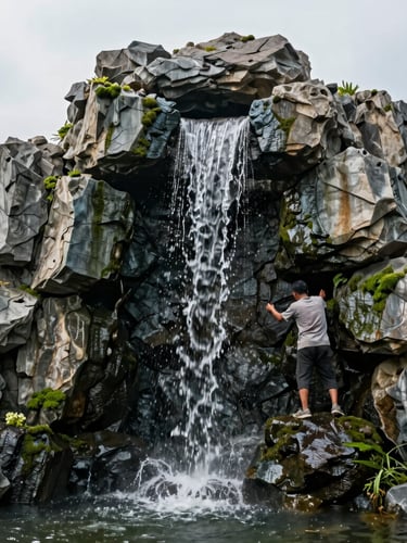 Wide environmental shot of a sculptor detailing a massive artificial rock waterfall installation, soft natural overcast daylight casting gentle shadows on the wet stone