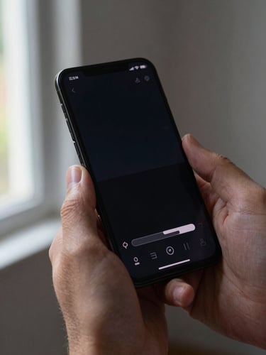 Hand holding an Android phone at a natural angle, screen showing a dark media player interface with a progress bar visible, diffused daylight from a window left of frame, tight crop on fingers and screen