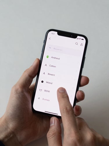 Tight overhead shot of a hand holding an Android phone, finger mid-swipe on a clean minimal interface, neutral studio lighting, sharp focus on the gesture and screen detail, soft shadow on a pale surface