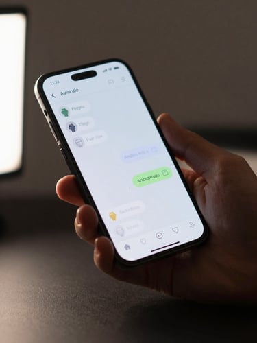 Close-up of a hand holding an Android phone at a natural resting angle, a fluid list-to-detail transition mid-animation visible on screen, neutral studio light from the left, crisp screen glow, dark desk surface visible in the lower third