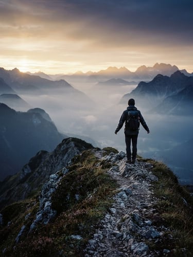 Solitary figure standing on a misty mountain ridge at dawn, ethereal soft golden light, vast silent natural landscape, muted gold and deep indigo tones, 35mm lens