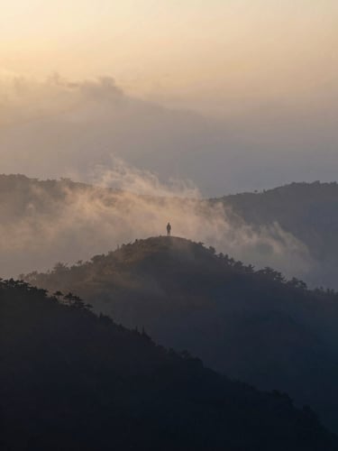 A solitary figure standing on a misty mountain ridge at dawn, ethereal soft golden light refracting through dense fog, wide environmental shot, deep indigo and muted gold tones, 35mm lens
