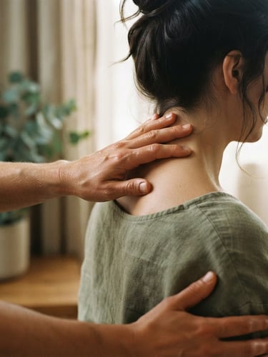 Close-up of warm hands performing a precise, slow massage stroke on a shoulder, soft diffused window light, muted eucalyptus tones, shallow depth of field, 35mm