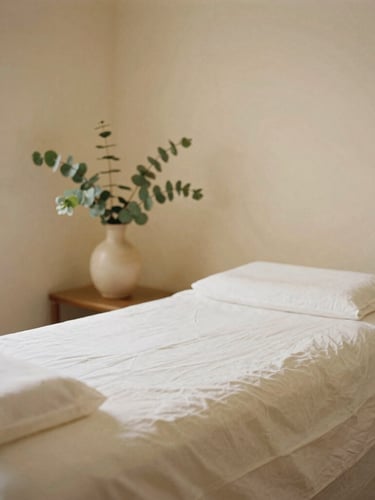 An empty, warm-toned treatment room with clean linen sheets on a heated table, soft shadows, eucalyptus leaves in a ceramic vase, warm editorial photography, 35mm