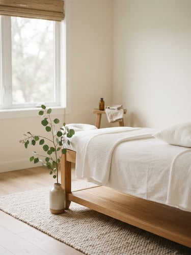 Warm editorial portrait of a quiet, empty treatment room with soft diffused window light, a natural wood table with crisp white linen sheets, and a single eucalyptus branch in a ceramic vase.
