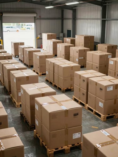 Wide environmental shot inside an organized distribution warehouse, rows of packed and labeled cardboard boxes stacked on pallets ready for dispatch, loading dock bay visible in the background with natural daylight streaming in, industrial overhead lighting, no people visible