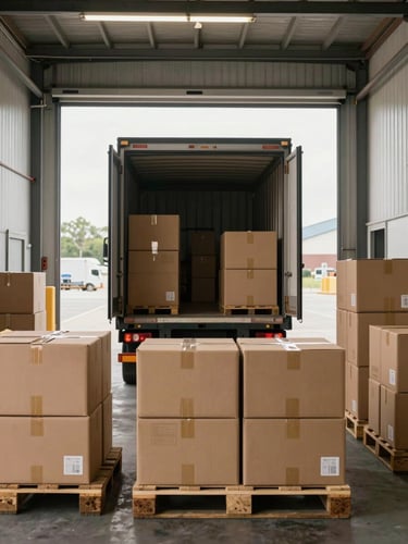 Wide environmental shot looking down a loading dock bay, a distribution truck parked with rear doors open, stacked cardboard boxes organized on pallets in the foreground, even industrial daylight from overhead skylights, no people visible, systematic and calm