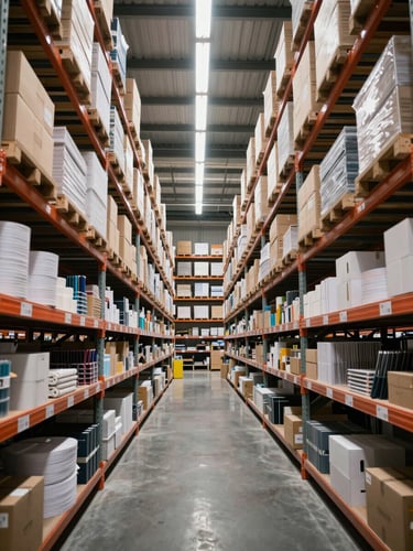 Wide environmental shot of a warehouse interior, organized metal shelving units stocked with boxes of paper reams and stationery supplies receding into the distance, even skylight illumination from above, industrial-practical lighting, photographed from a low angle along the aisle to emphasize depth and scale
