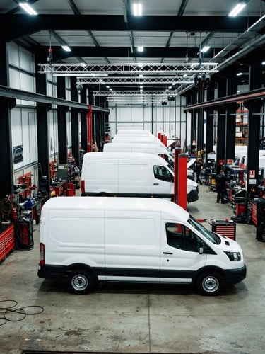 Wide environmental shot of white commercial vans parked in a clean, modern industrial workshop bay, bright cool-toned overhead lighting, high-contrast black and red tones, sharp details, 35mm photography