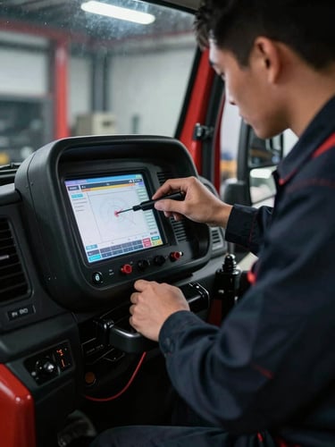 Close-up of a professional mechanic in dark uniform performing electronic diagnostics on a commercial vehicle dashboard, high-contrast cool workshop lighting, sharp details