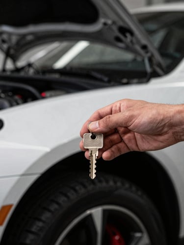 Keys being handed over inside a cool-toned industrial automotive workshop, deep charcoal black and stark white environment, sharp focus on the keys and mechanic's hand, 35mm