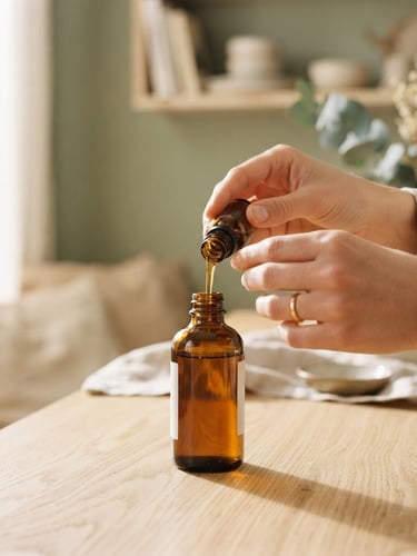 Softly lit hands pouring liquid into an amber glass bottle on a light ash wood surface, shallow depth of field, sunlit, clean home interior.